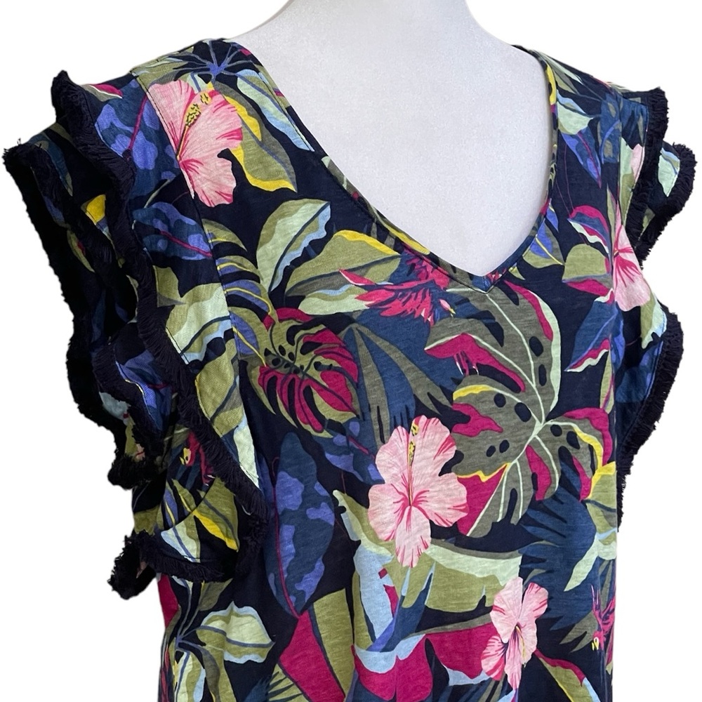 Chico's Tropical Floral Navy Pink Green V-Neck Ruffle Sleeve Blouse - Picture 4 of 15